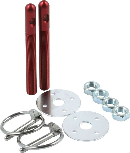 Hood Pin - 0.375 in OD x 3.5 in Long - 1.5 in OD Scuff Plates - Torsion Clips - Hardware Included - Aluminum - Red Anodized - Kit