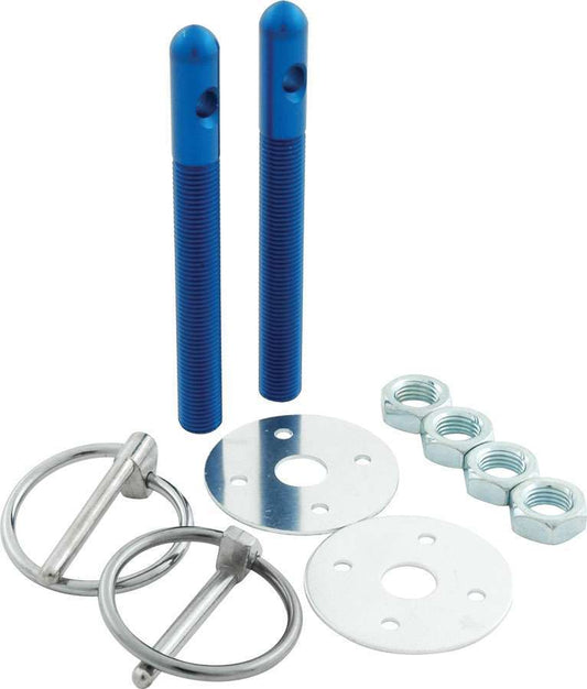 Hood Pin - 0.375 in OD x 3.5 in Long - 1.5 in OD Scuff Plates - Torsion Clips - Hardware Included - Aluminum - Blue Anodized - Kit