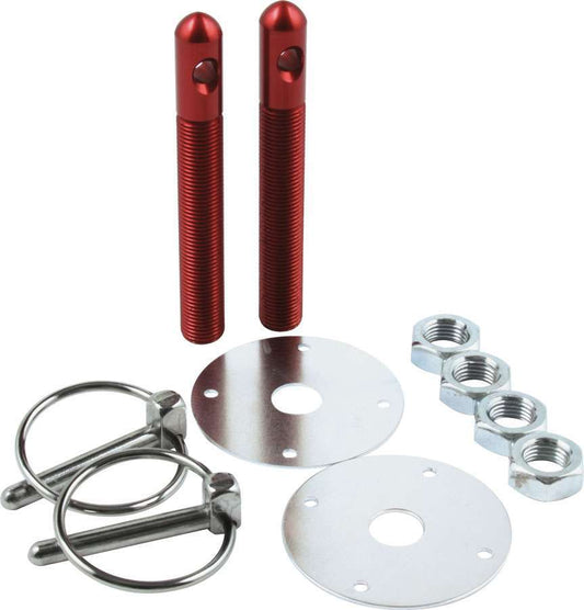 Hood Pin - 0.5 in OD x 4 in Long - 2.25 in OD Scuff Plates - Torsion Clips - Hardware Included - Aluminum - Red Anodized - Kit