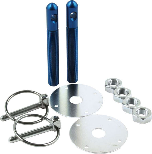 Hood Pin - 0.5 in OD x 4 in Long - 2.25 in OD Scuff Plates - Torsion Clips - Hardware Included - Aluminum - Blue Anodized - Kit