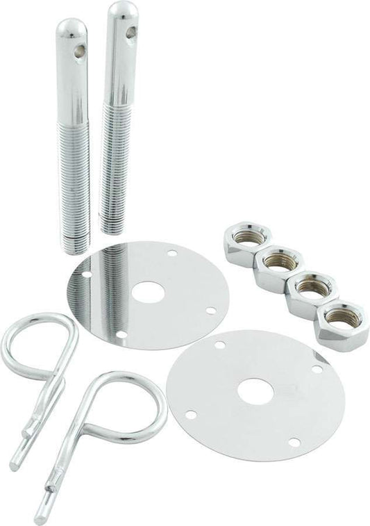 Hood Pin - 0.5 in OD x 4 in Long - 2.5 in OD Scuff Plates - Hairpin Clips - Hardware Included - Steel - Chrome - Kit