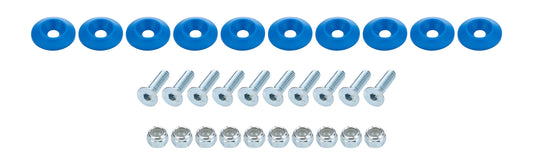 Body Bolt Kit - 1/4-20 in Thread - 1 in Long - Allen Head - Bolts / Countersunk Washers / Lock Nuts Included - Plastic / Steel - Blue / Zinc Oxide - Set of 10