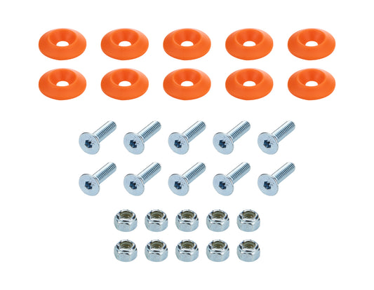 Body Bolt Kit - 1/4-20 in Thread - 1 in Long - Allen Head - Bolts / Countersunk Washers / Lock Nuts Included - Plastic / Steel - Orange / Zinc Oxide - Set of 10