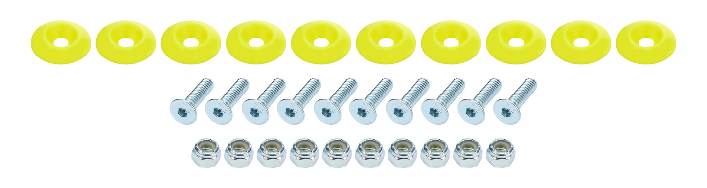 Body Bolt Kit - 1/4-20 in Thread - 1 in Long - Allen Head - Bolts / Countersunk Washers / Lock Nuts Included - Plastic / Steel - Fluorescent Yellow / Zinc Oxide - Set of 10