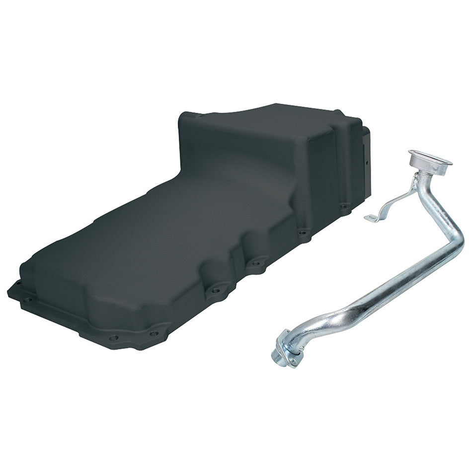 Engine Oil Pan - Rear Sump - 6 qt - Stock Depth - Aluminum - Black Powder Coat - GM LS-Series - Kit