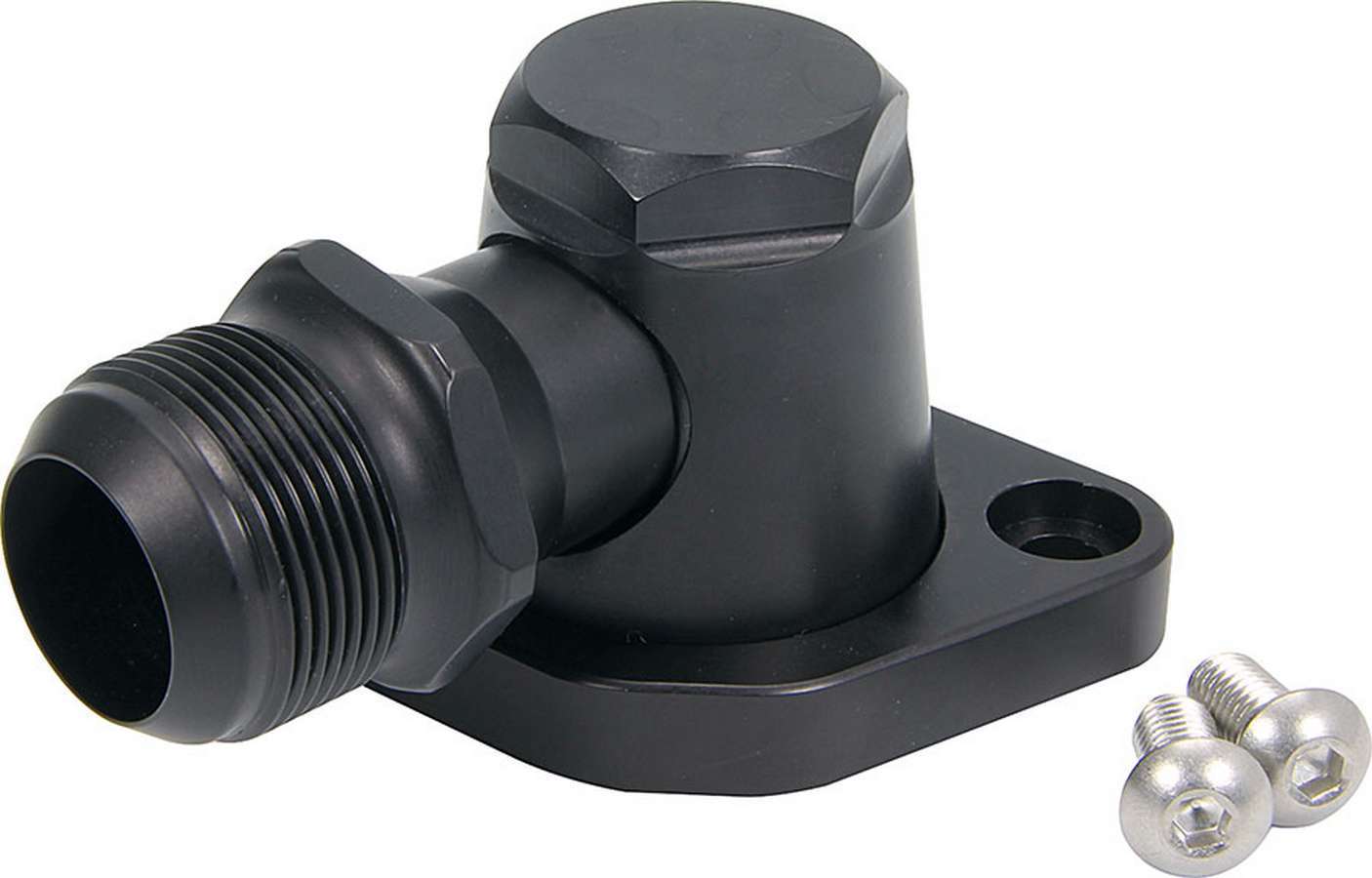 Water Neck - 90 Degree - 20 AN Male Inlet - Swivel - O-Ring - Hardware Included - Billet Aluminum - Black Anodized - Chevy V8 - Each