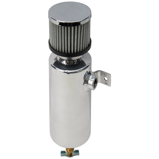 Breather Tank - Bolt-On - 3 in Diameter x 11.5 in Tall - 40 oz - 3/8 in NPT Female Inlet Left Side - Petcock Drain - Breather Included - Aluminum - Natural - Each