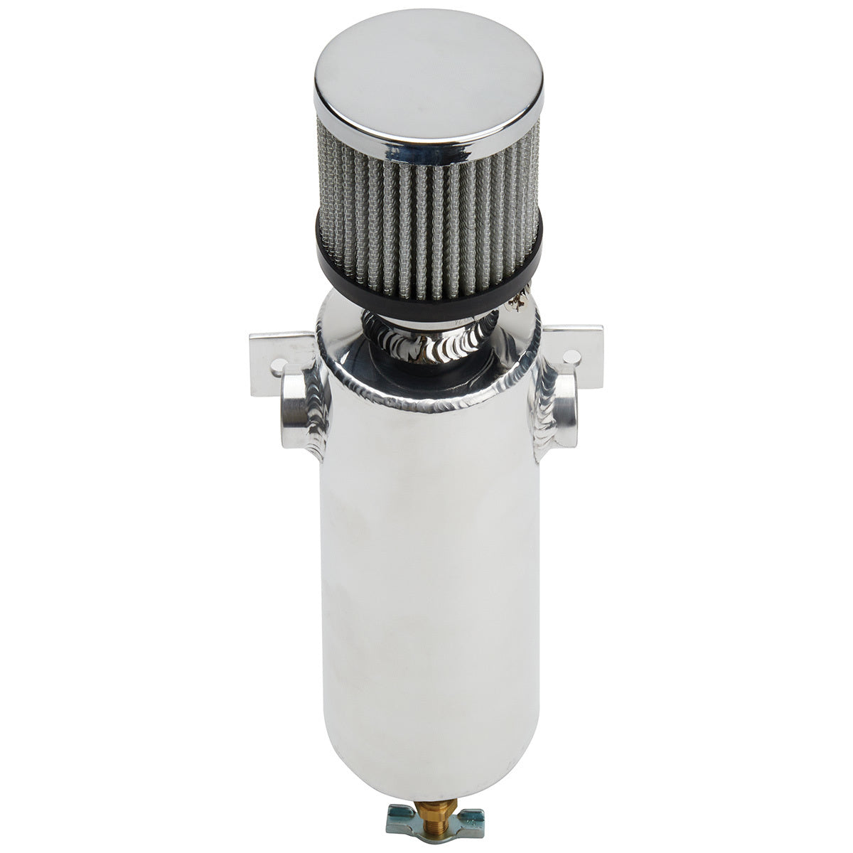Breather Tank - Bolt-On - 3 in Diameter x 11.5 in Tall - 40 oz - Two 3/8 in NPT Female Inlets - Petcock Drain - Breather Included - Aluminum - Natural - Each