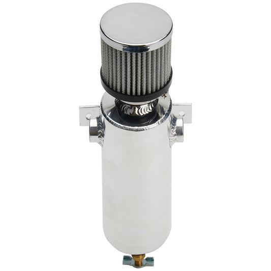 Breather Tank - Bolt-On - 3 in Diameter x 11.5 in Tall - 40 oz - Two 3/8 in NPT Female Inlets - Petcock Drain - Breather Included - Aluminum - Natural - Each