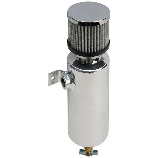 Breather Tank - Bolt-On - 3 in Diameter x 11.5 in Tall - 40 oz - 3/8 in NPT Left Side - Breather Included - Aluminum - Polished - Each