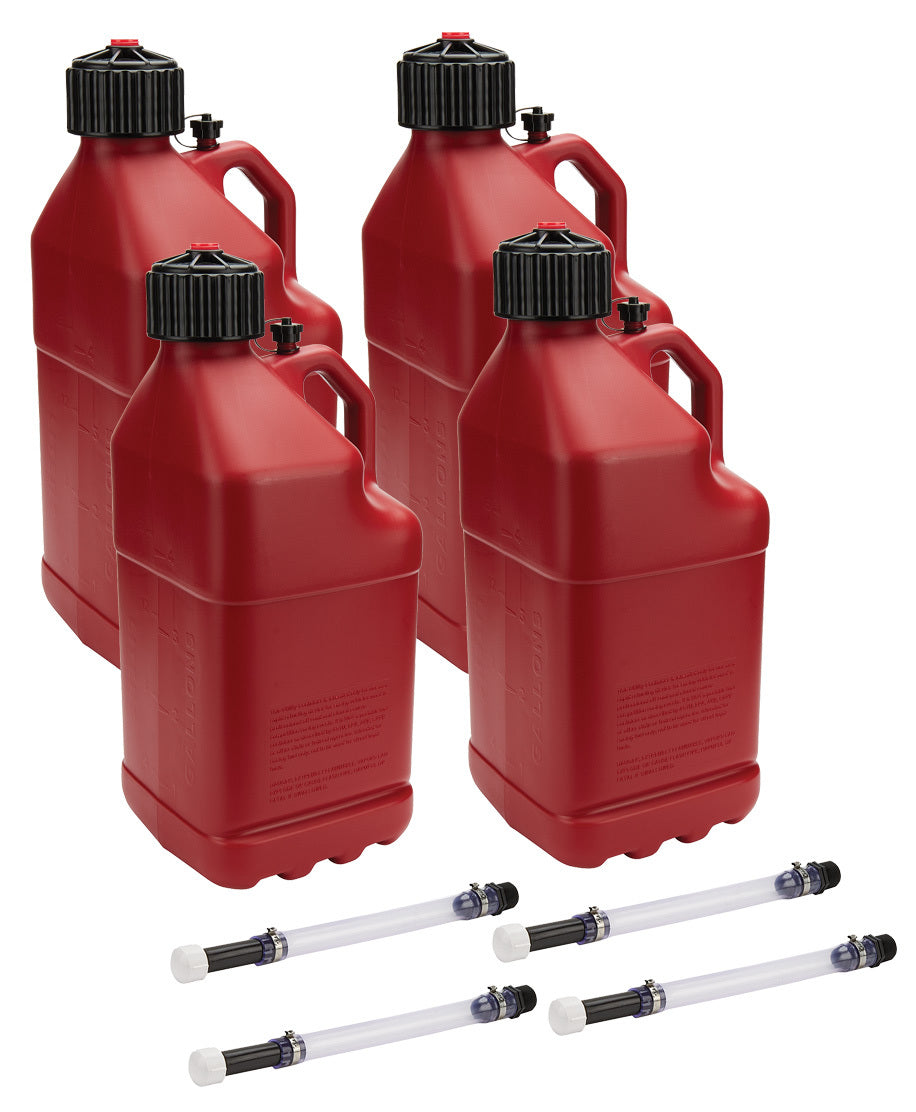 Utility Jug - 5 gal - 9.5 x 9.5 x 22.75 in Tall - O-Ring Seal Cap - Screw-On - Vent - Filler Hose - Square - Plastic - Red - Set of 4
