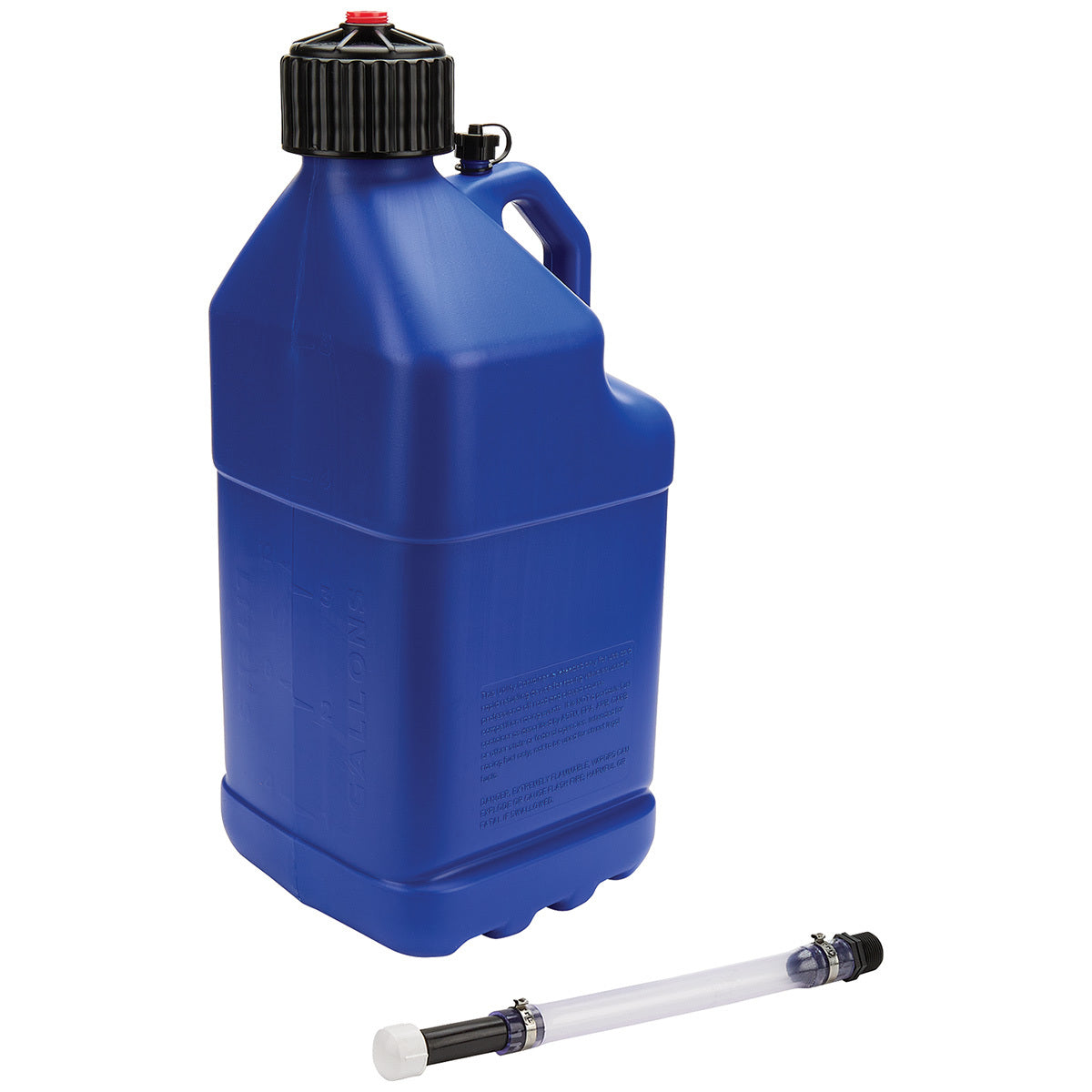 Utility Jug - 5 gal - 9.5 x 9.5 x 22.75 in Tall - O-Ring Seal Cap - Screw-On Vent - Filler Hose - Square - Plastic - Blue - Each