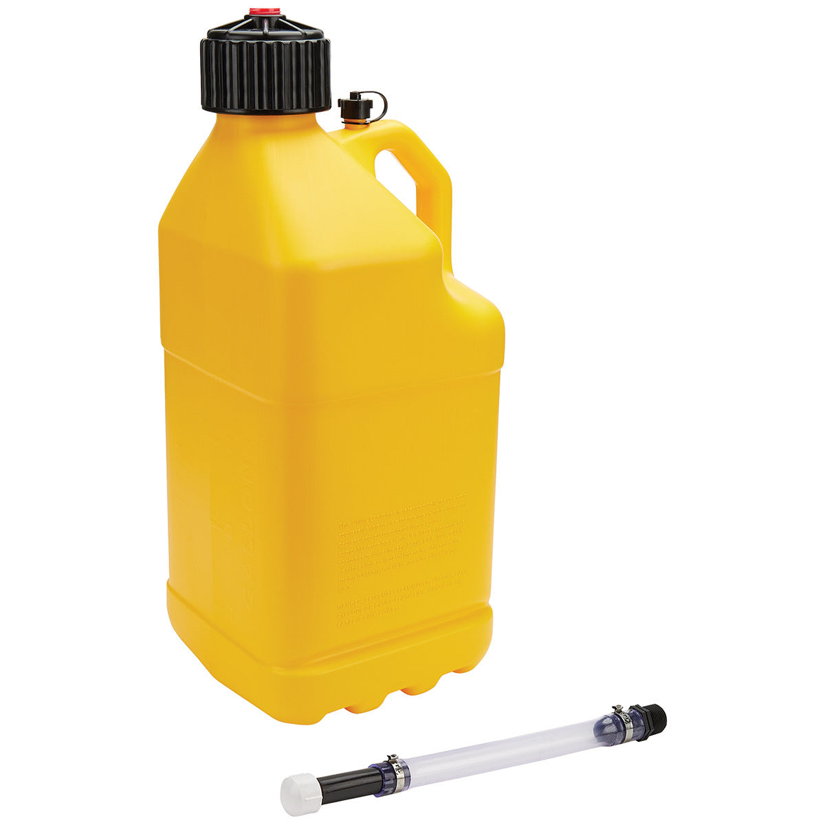 Utility Jug - 5 gal - 9.5 x 9.5 x 22.75 in Tall - O-Ring Seal Cap - Screw-On Vent - Filler Hose - Square - Plastic - Yellow - Each