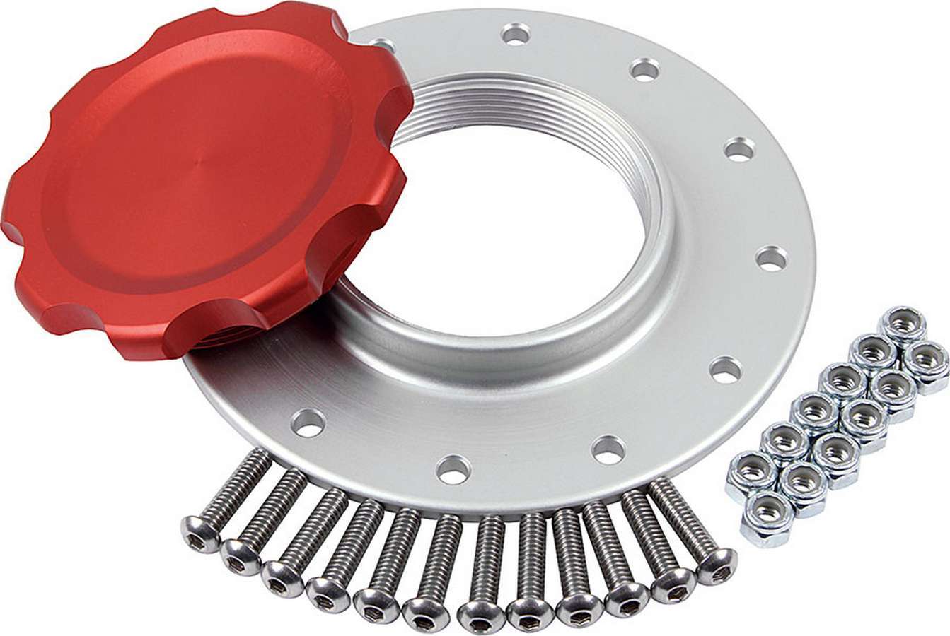 Fuel Filler Cap Assembly - Screw-In - Raised Cell Mount - Aluminum - Red Anodized - 12-Bolt JAZ / RCI Fuel Cells - Kit