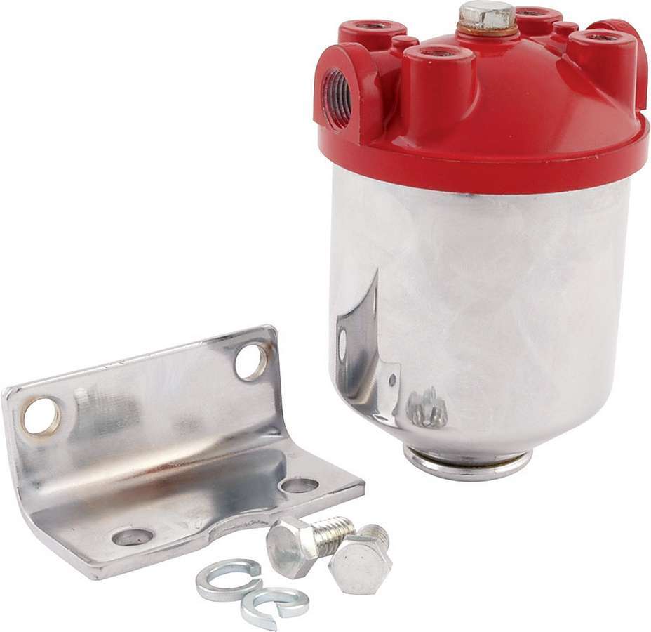 Fuel Filter - Hi-Flow - Canister - 10 Micron - Paper Element - 3/8 in NPT Inlet - Dual 3/8 in NPT Outlets - Steel - Chrome / Red Paint - Each