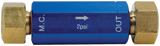 Residual Pressure Valve - 2 lb - 1/8 in NPT Inlet - 1/8 in NPT Outlet - 3/16 in Inverted Flare Fittings Included - Aluminum - Blue Anodized - Disc Brake - Each