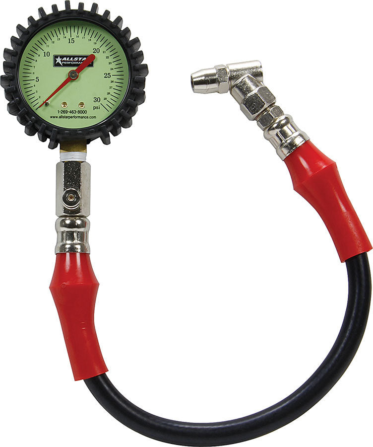 Tire Pressure Gauge - Glow in the Dark - 0-30 psi - Analog - 2-1/4 in Diameter - White Face - 1/2 lb Increments - Each