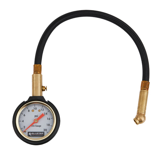 Tire Pressure Gauge - 0-20 psi - Analog - 2 in Diameter - White Face - 1/2 lb Increments - Each