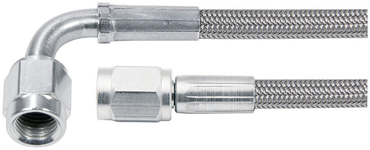 Brake Hose - 12 in Long - 3 AN Hose - 3 AN Straight Female to 3 AN 90 Degree Female - Braided Stainless - PTFE Lined - Each