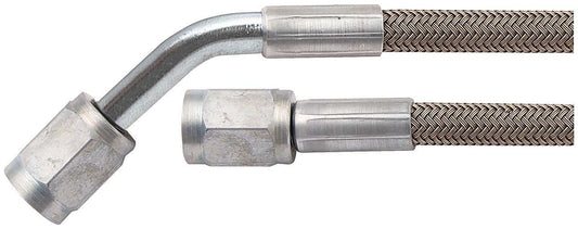 Brake Hose - 15 in Long - 4 AN Hose - 4 AN Straight Female to 4 AN 45 Degree Female - Braided Stainless - PTFE Lined - Each