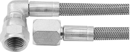 Brake Hose - 10 in Long - 4 AN Hose - 4 AN Straight Female to 4 AN 90 Degree Female - Braided Stainless - PTFE Lined - Each