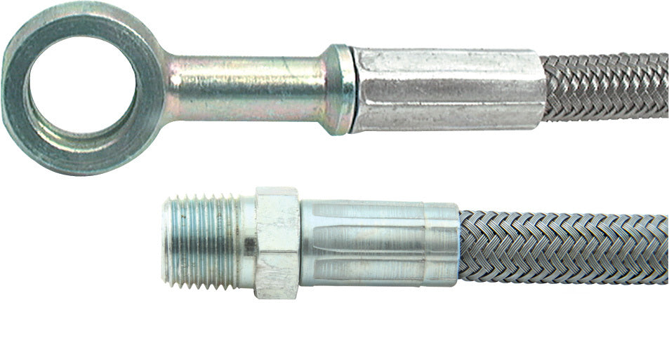 Brake Hose - 24 in Long - 4 AN Hose - 10 mm Straight Banjo to 1/8 in NPT Straight Male - Braided Stainless - PTFE Lined - Each