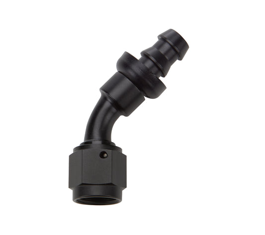 Fitting - Hose End - 45 Degree - 6 AN Hose Barb to 6 AN Female - Aluminum - Black Anodized - Each