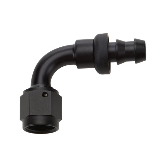 Fitting - Hose End - 90 Degree - 4 AN Hose Barb to 4 AN Female - Aluminum - Black Anodized - Each