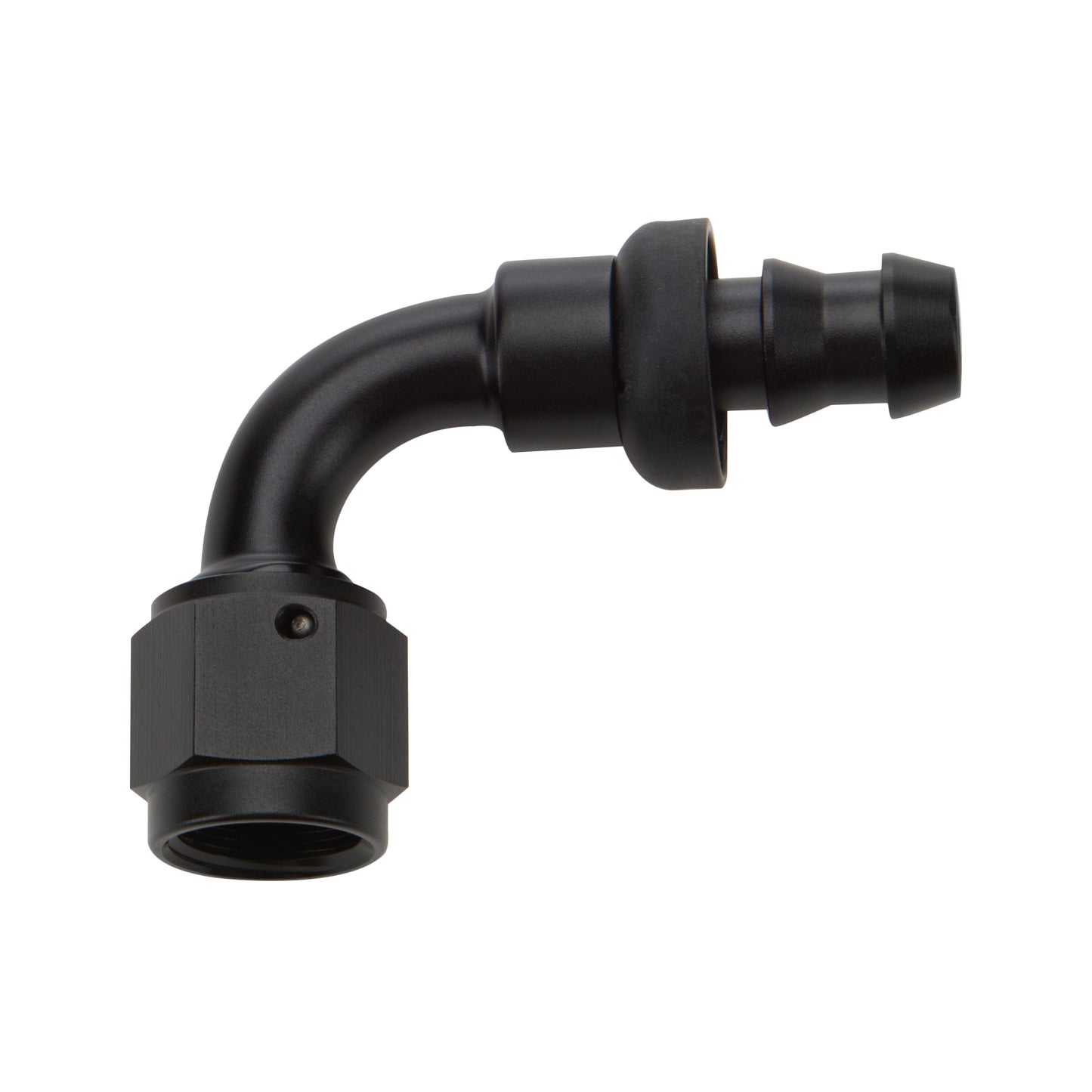 Fitting - Hose End - 90 Degree - 8 AN Hose Barb to 8 AN Female - Aluminum - Black Anodized - Each