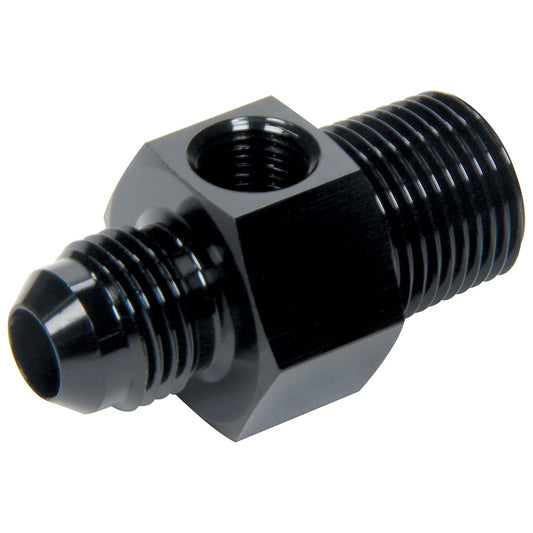Fitting - Gauge Adapter - Straight - 6 AN Male to 3/8 in NPT Male - 1/8 in NPT Gauge Port - Aluminum - Black Anodized - Each