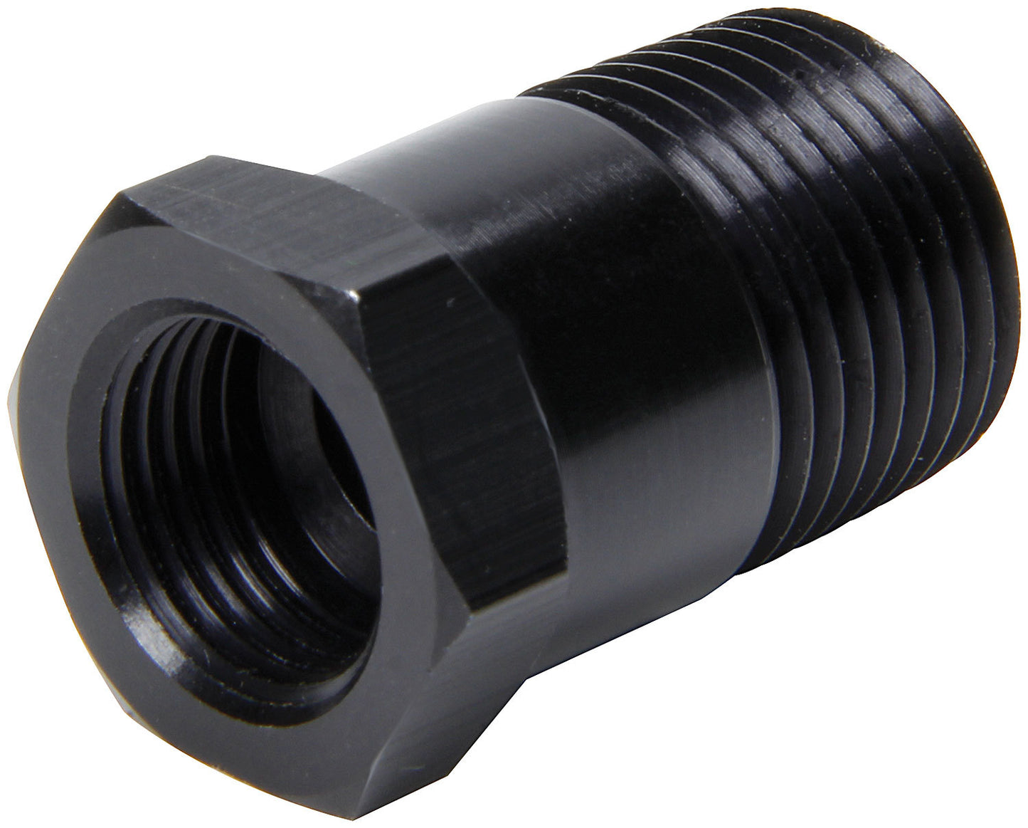 Fitting - Adapter - Straight - 5/8-18 in Female to 1/2 in NPT Male - Aluminum - Black Anodized - Mechanical Temperature Gauges - Each
