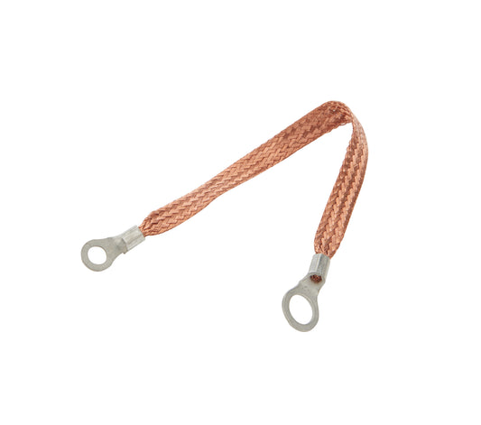 Ground Strap - Flat Braided - 14 Gauge - 9 in Long - 1/4 in Wide - 3/8 in Ring Terminals - Braided Copper - Natural - Each
