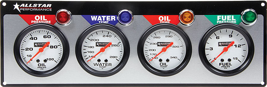 Gauge Panel Assembly - Fuel Pressure / Oil Pressure / Oil Temperature / Water Temperature - 2-5/8 in Diameter - Silver Face - Warning Light - Kit