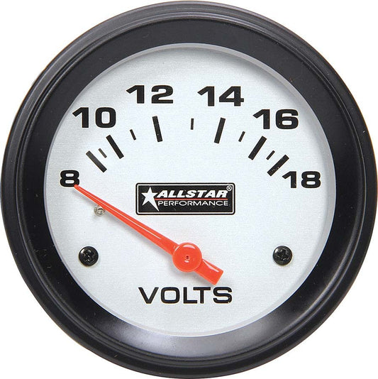 Voltmeter - 8-18V - Electric - Analog - Short Sweep - 2-5/8 in Diameter - White Face - Each