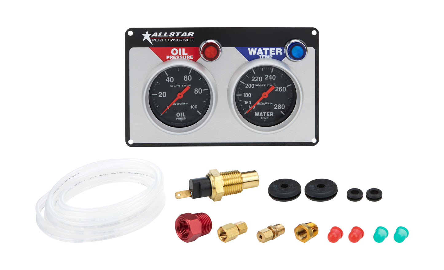 Gauge Panel Assembly - Auto Meter Sport-Comp - Oil Pressure / Water Temperature - 2-5/8 in Diameter - Black Face - Warning Light - Kit