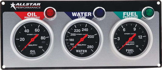 Gauge Panel Assembly - Auto Meter Sport-Comp - Fuel Pressure / Oil Pressure / Water Temperature - 2-5/8 in Diameter - Black Face - Warning Light - Kit