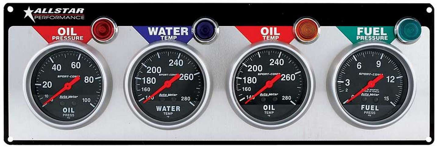 Gauge Panel Assembly - Auto Meter Sport-Comp - Fuel Pressure / Oil Pressure / Oil Temperature / Water Temperature - 2-5/8 in Diameter - Black Face - Warning Light - Kit