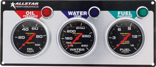 Gauge Panel Assembly - Auto Meter Pro-Comp - Fuel Pressure / Oil Pressure / Water Temperature - 2-5/8 in Diameter - Black Face - Warning Light - Kit