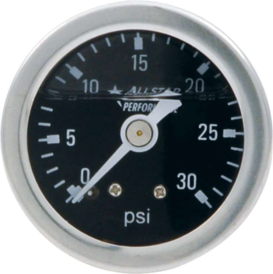 Pressure Gauge - 0-30 psi - Mechanical - Analog - 1-1/2 in Diameter - Liquid Filled - 1/8 in NPT Port - Black Face - Each