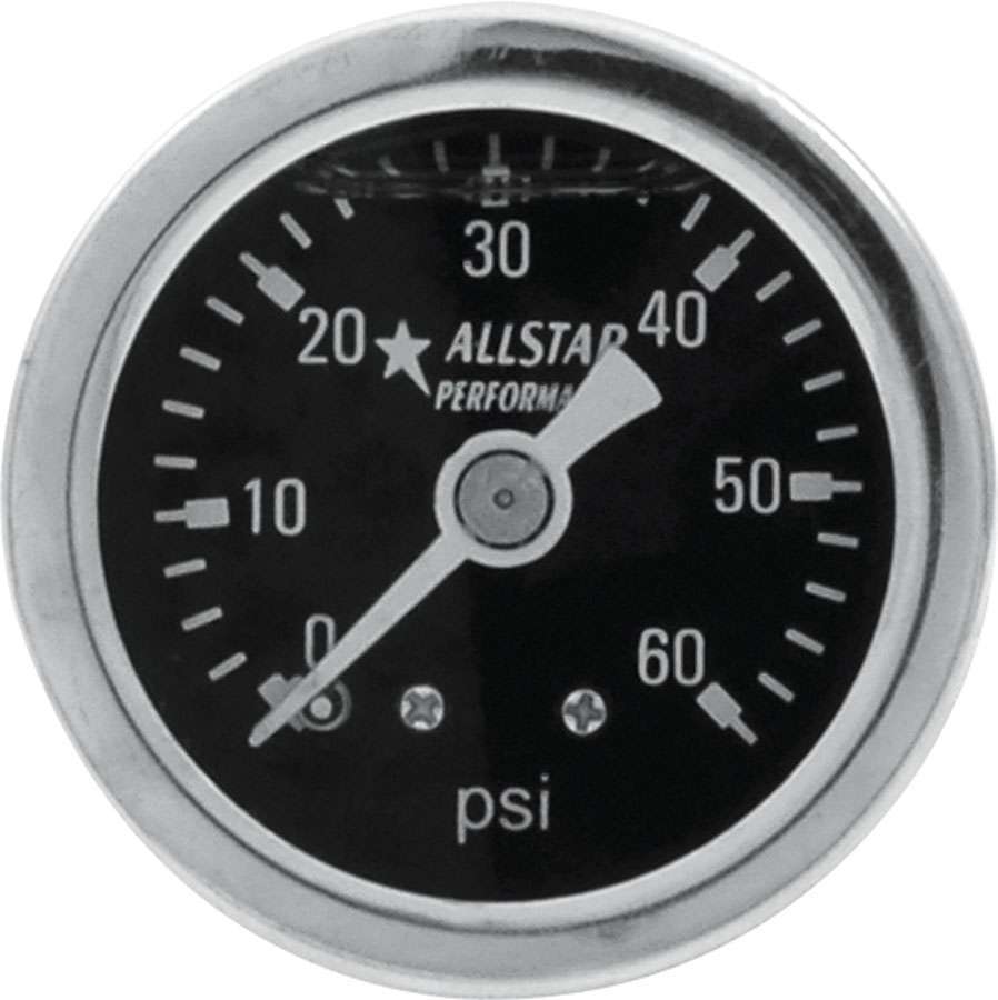 Pressure Gauge - 0-60 psi - Mechanical - Analog - 1-1/2 in Diameter - Liquid Filled - 1/8 in NPT Port - Black Face - Each