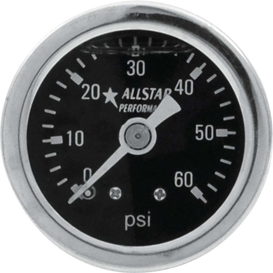 Pressure Gauge - 0-60 psi - Mechanical - Analog - 1-1/2 in Diameter - Liquid Filled - 1/8 in NPT Port - Black Face - Each