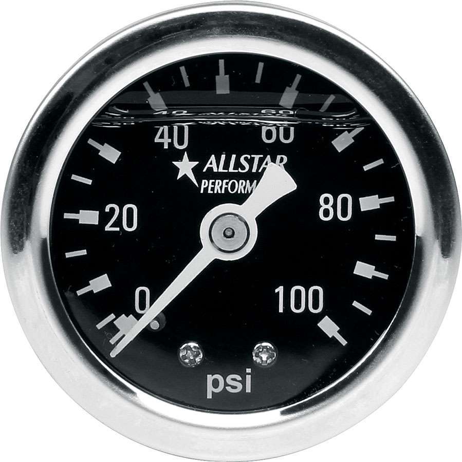 Pressure Gauge - 0-100 psi - Mechanical - Analog - 1-1/2 in Diameter - Liquid Filled - 1/8 in NPT Port - Black Face - Each