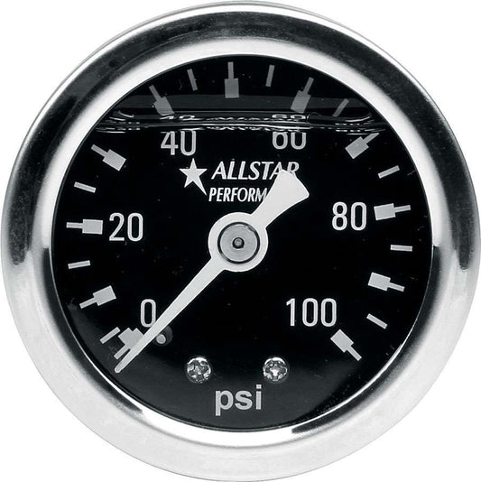 Pressure Gauge - 0-100 psi - Mechanical - Analog - 1-1/2 in Diameter - Liquid Filled - 1/8 in NPT Port - Black Face - Each