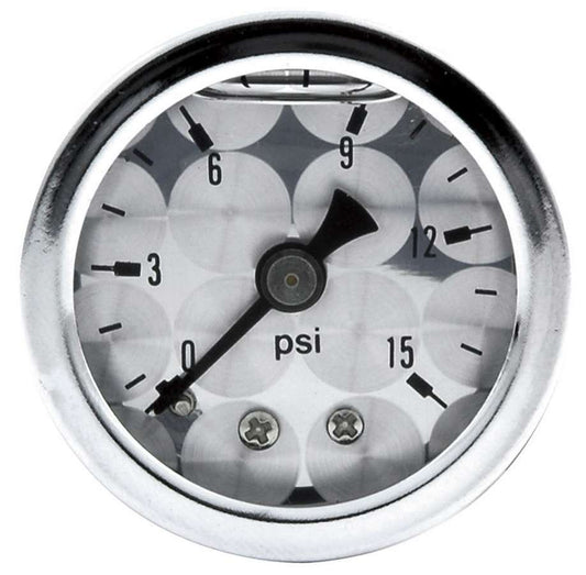 Pressure Gauge - 0-15 psi - Mechanical - Analog - 1-1/2 in Diameter - Liquid Filled - 1/8 in NPT Port - Turned Face - Each