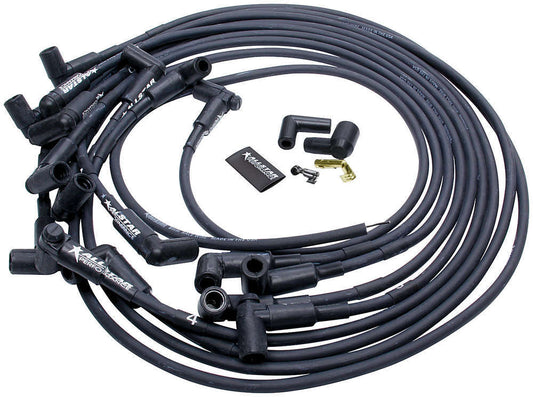 Spark Plug Wire Set - Spiral Core - 8 mm - Black - 90 Degree Plug Boots - HEI Style Terminal - Under Header - Small Block Chevy - Kit