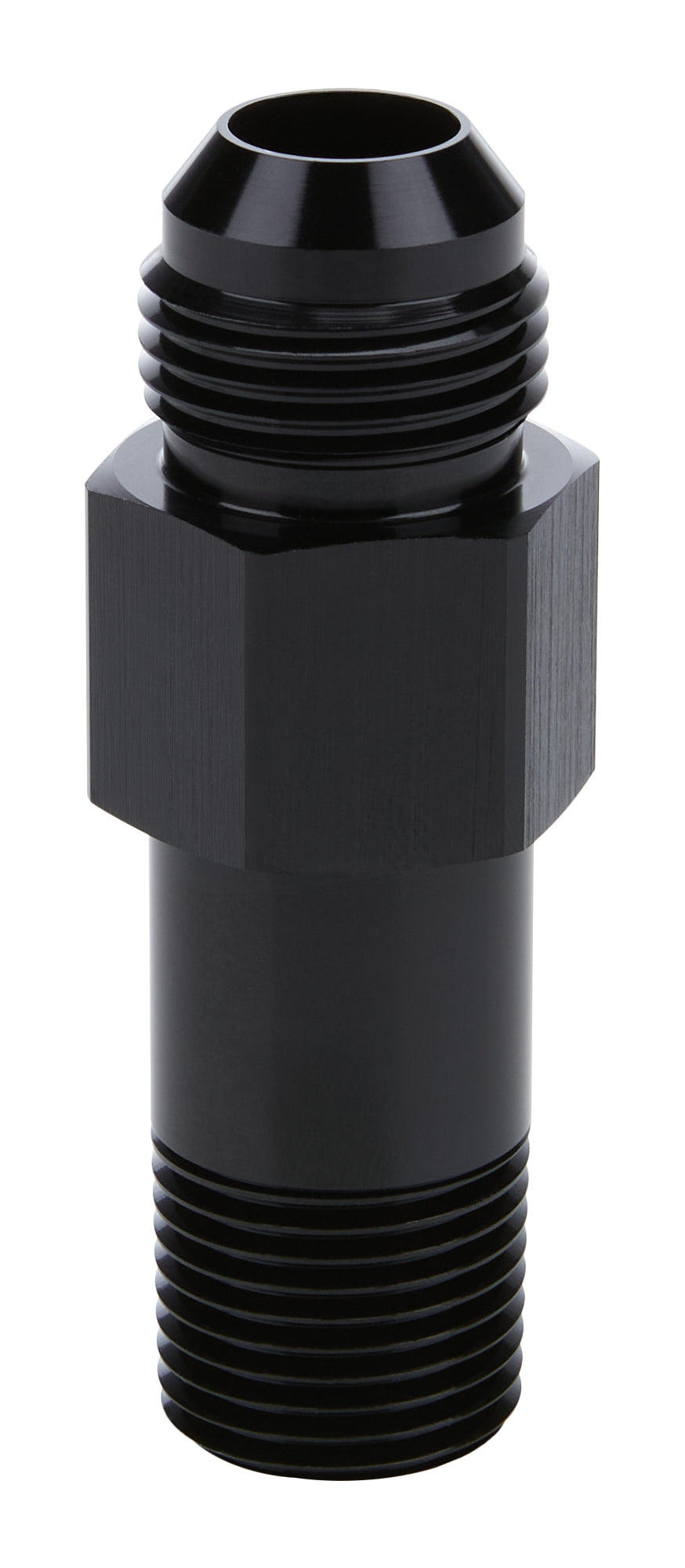 Extended Oil Inlet - Straight - 10 AN Male to 1/2 in NPT Male - 3 in Long - Aluminum - Black Anodized - Each