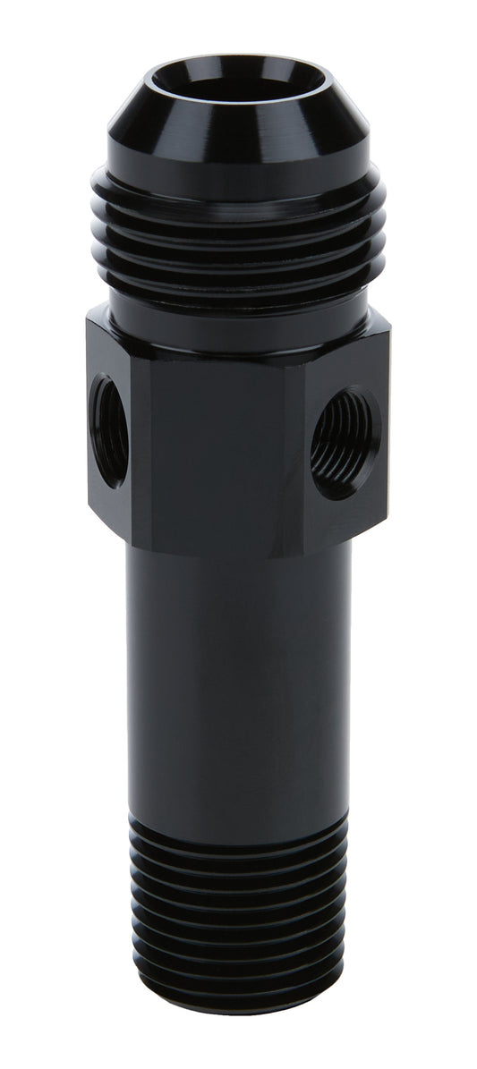 Extended Oil Inlet - Straight - 12 AN Male to 1/2 in NPT Male - 3 in Long - 1/8 in NPT Female Port - Aluminum - Black Anodized - Each