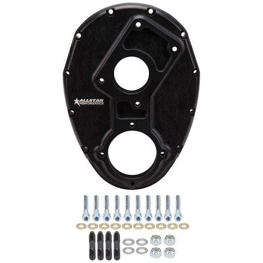 Timing Cover - 1-Piece - Camshaft Drive - Aluminum - Black Anodized - Small Block Chevy - Sprint Car - Each