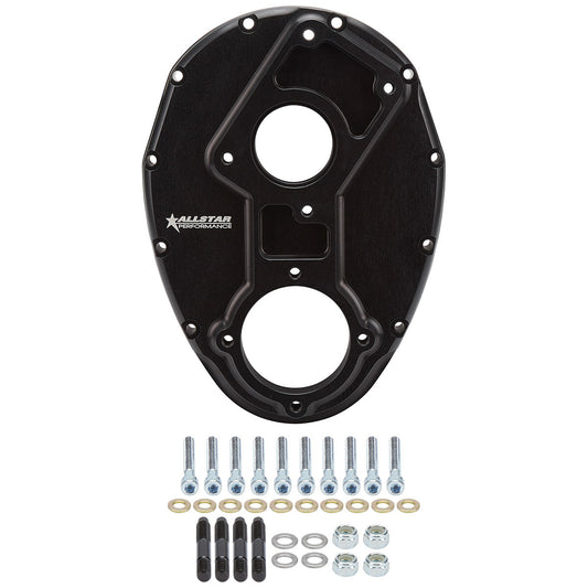 Timing Cover - 1-Piece - Camshaft Drive - Aluminum - Black Anodized - Raised Camshaft - Small Block Chevy - Sprint Car - Each