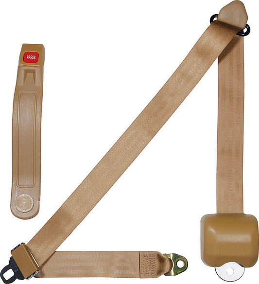 Seat Belt - Lap / Shoulder - Push Button Buckle - Retractable - Bolt-On - Floor Mount - Polyester - Tan - Each